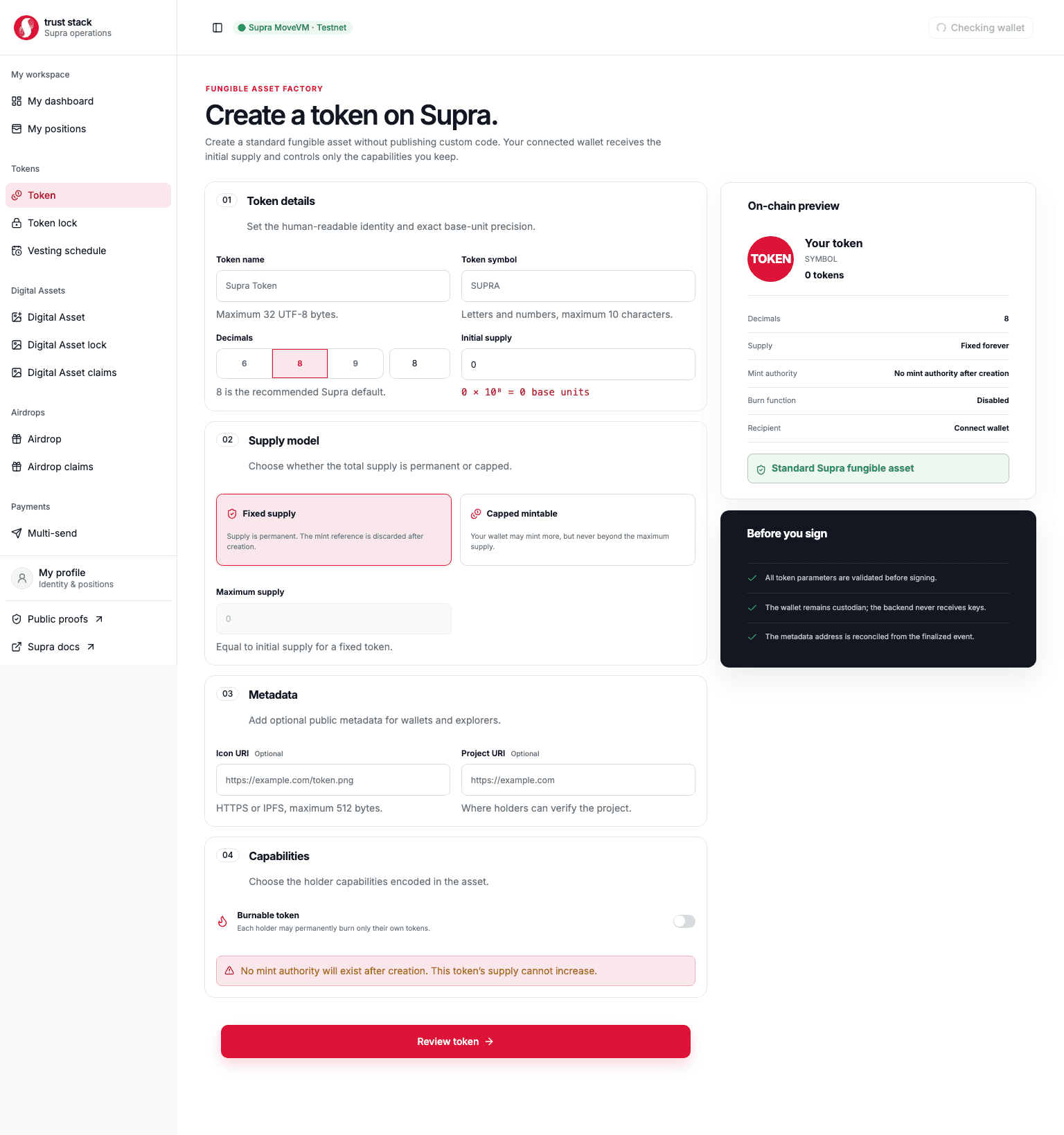 Token creation form showing identity, supply, metadata, and capability controls
