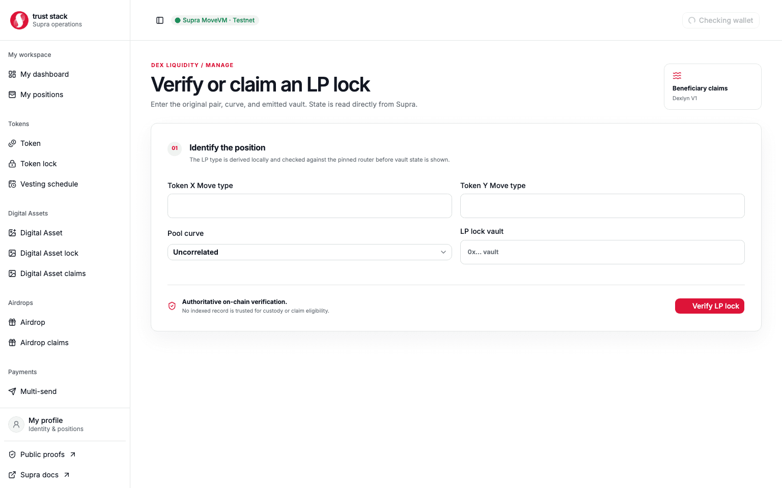 Dexlyn LP claim workspace for reading lock terms and releasing matured LP tokens