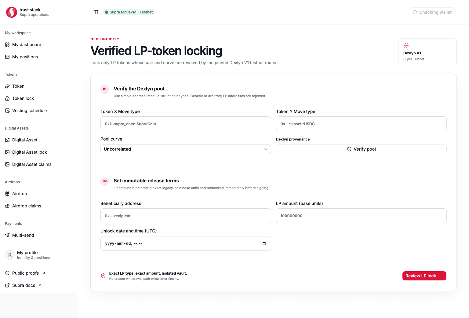 Dexlyn LP lock form showing pool types, LP amount, beneficiary, and unlock time