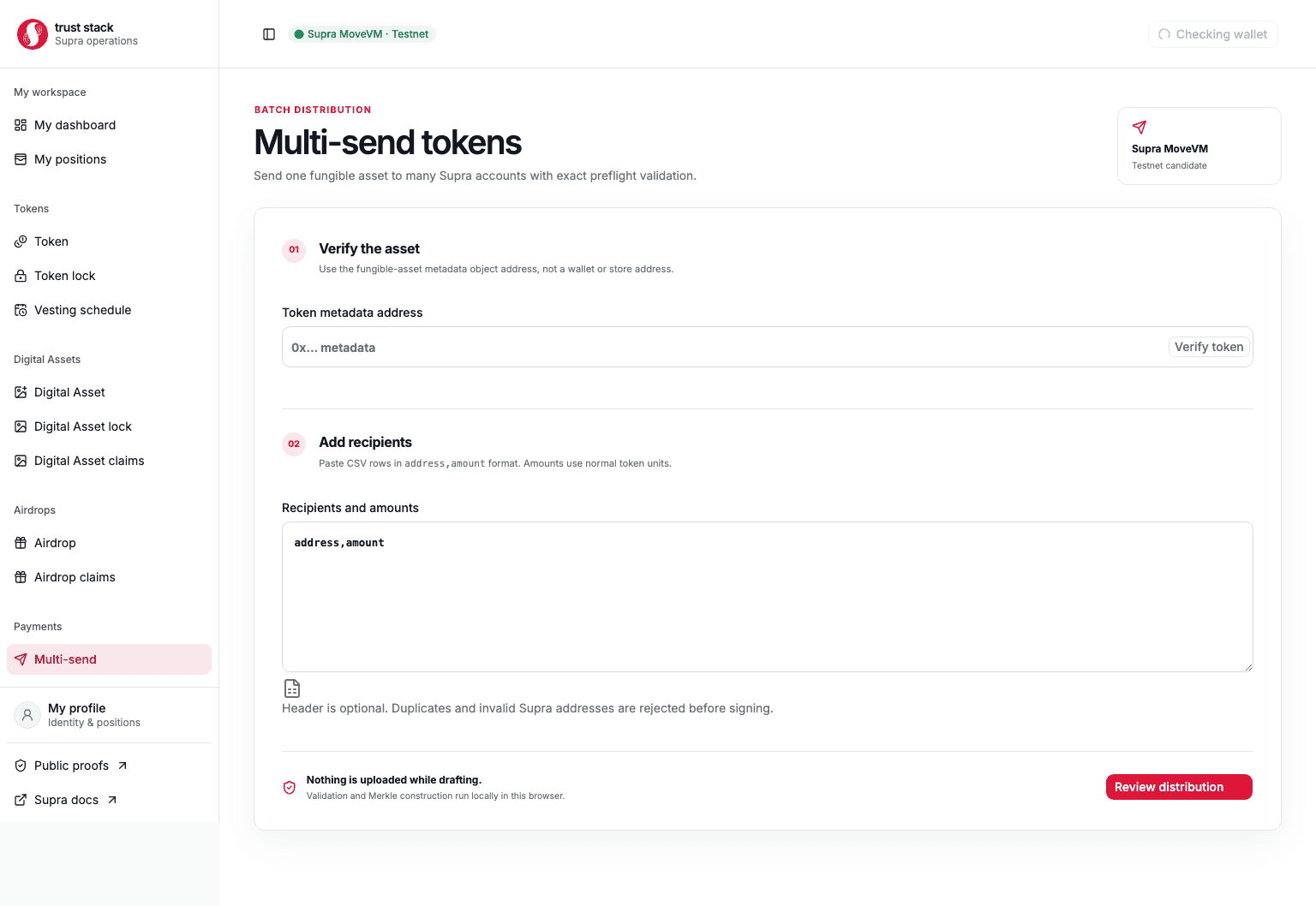 Multi-send workspace with token, recipients, totals, and review controls