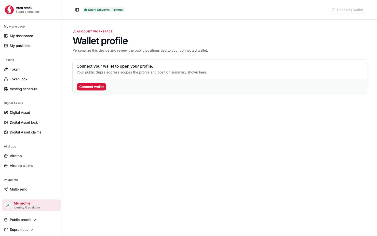 Profile page showing local identity and wallet-linked positions