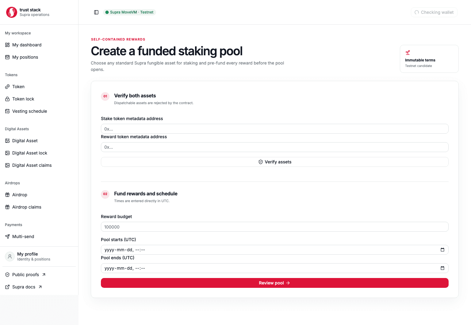 Staking pool creation form with asset verification, reward budget, and schedule