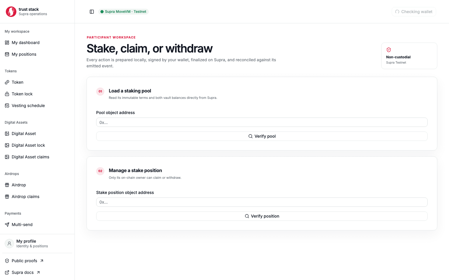 Staking participant workspace for pool and position actions
