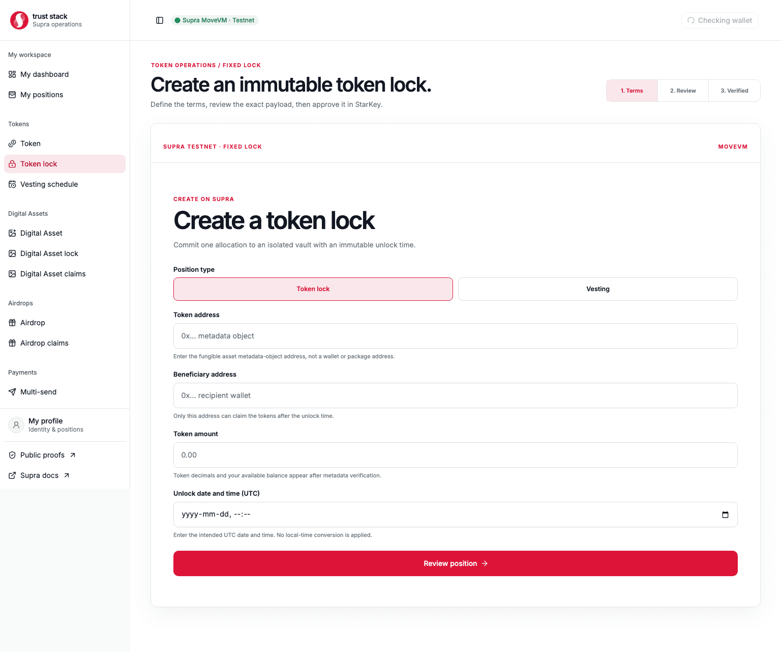 Token lock form showing asset verification, amount, beneficiary, and unlock date