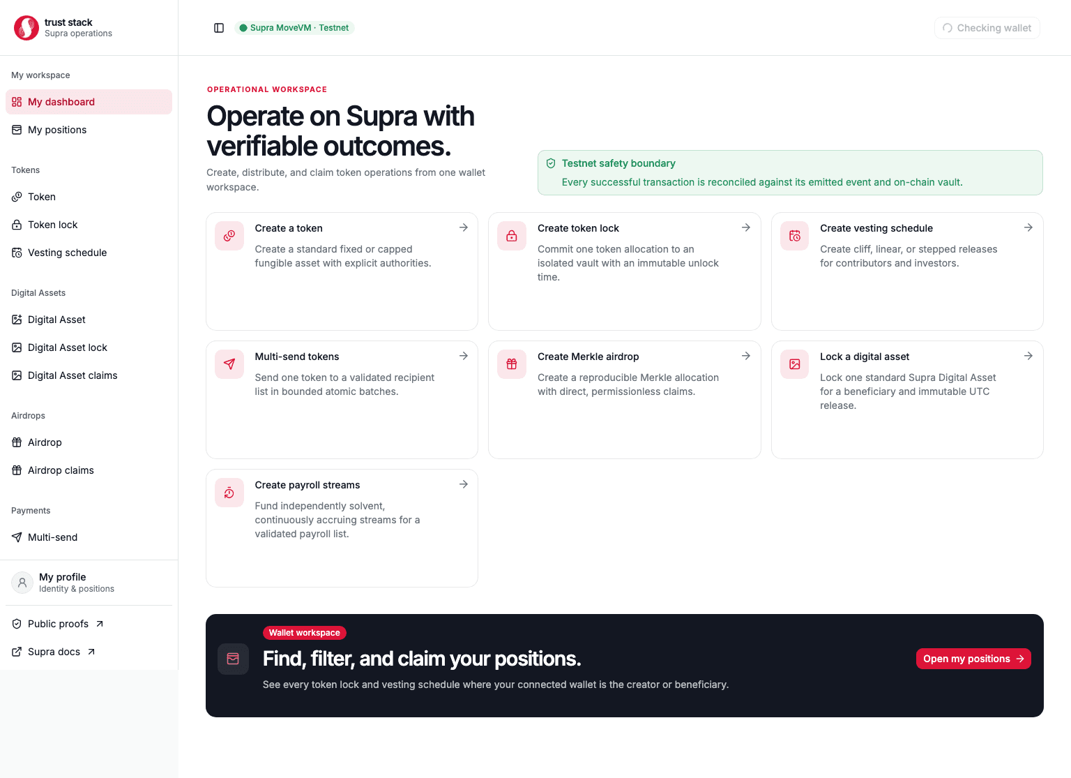 Trust Stack dashboard showing token operation shortcuts and the wallet positions workspace