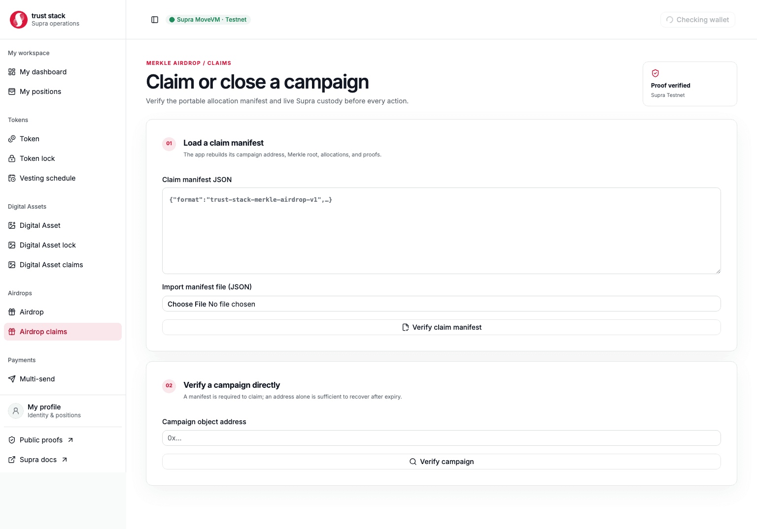 Airdrop claim workspace for loading and locally verifying a manifest