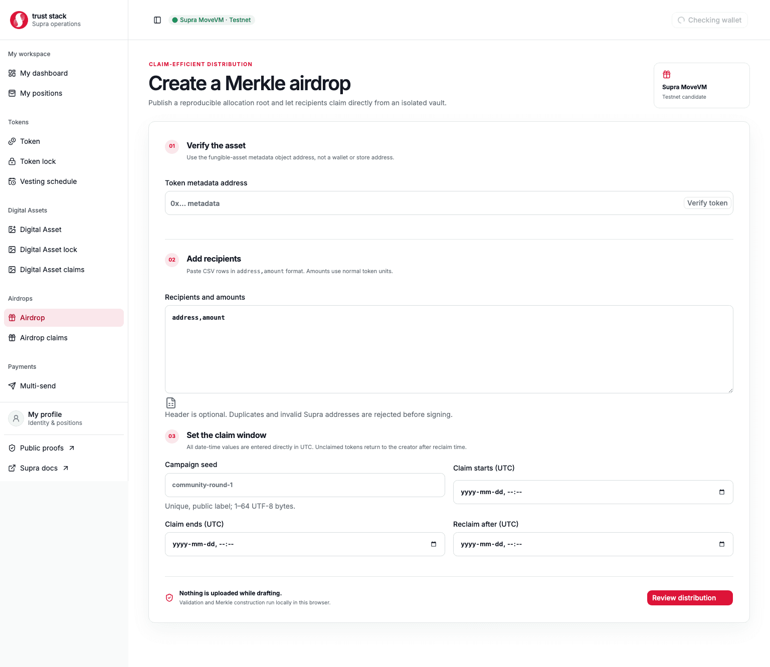 Airdrop creation workspace showing token funding, allocation input, and campaign schedule