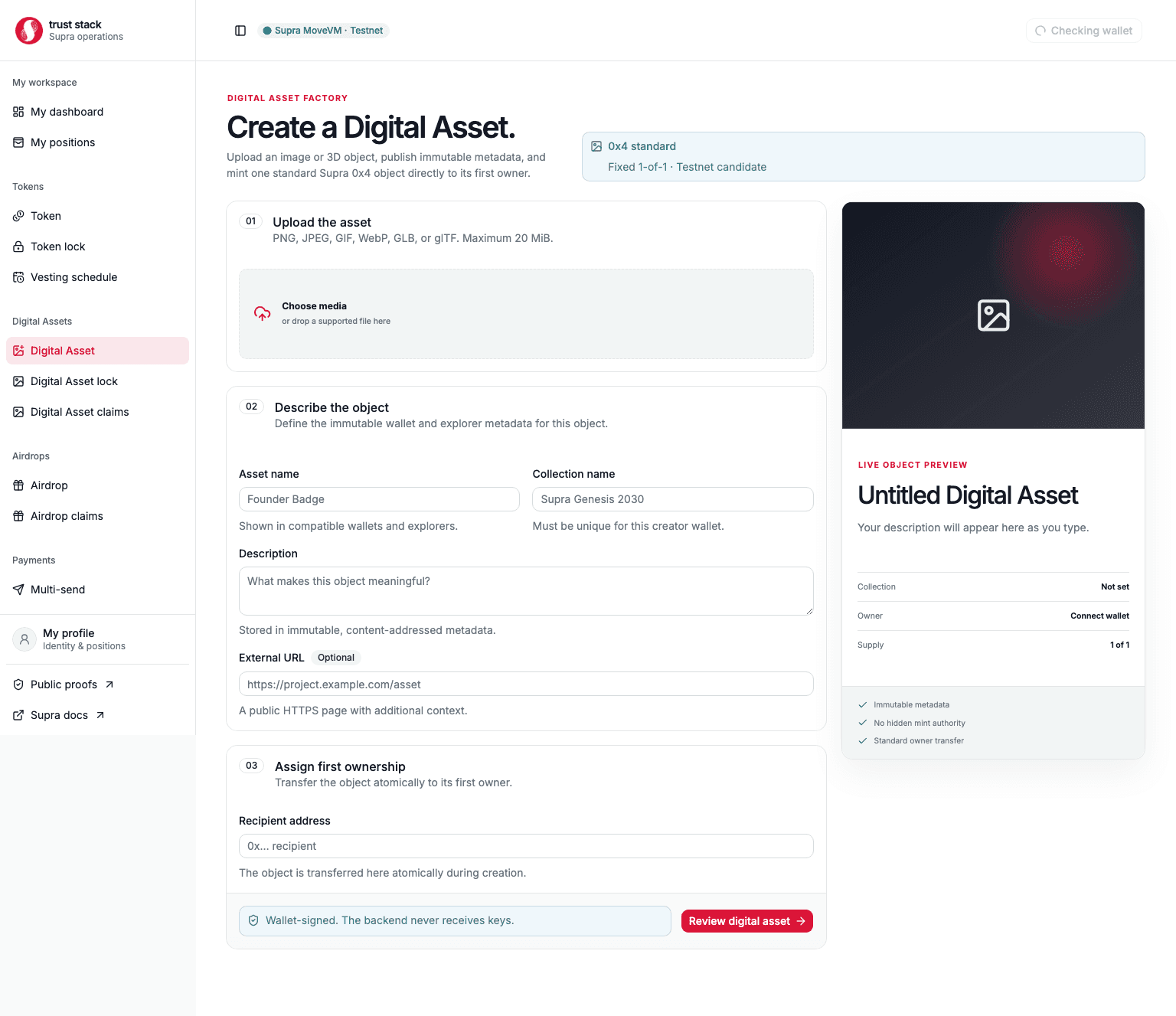 Digital Asset creation form with media upload, metadata, preview, and recipient