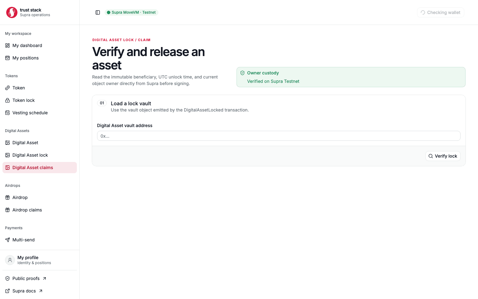 Digital Asset claim workspace showing on-chain vault verification