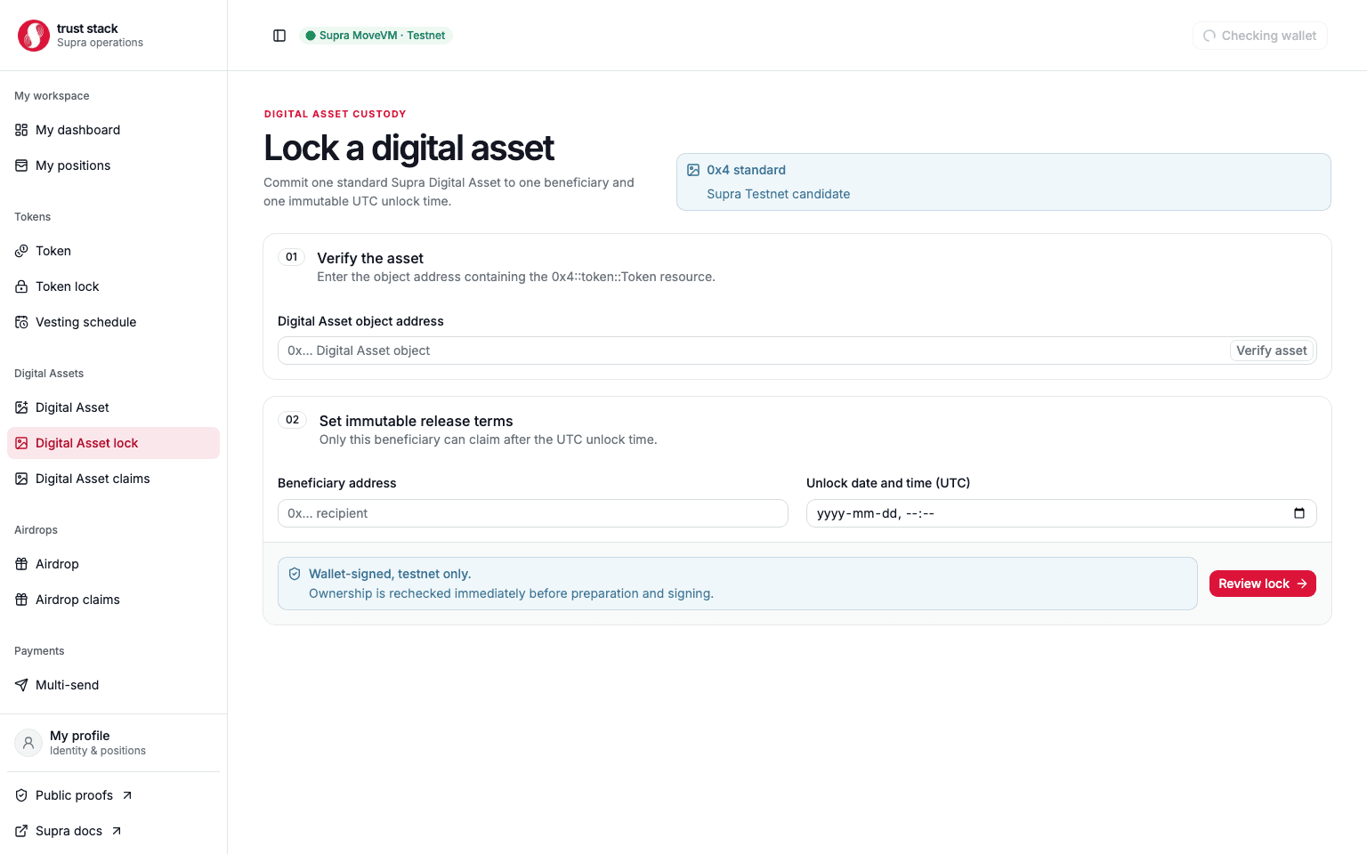 Digital Asset lock form with object verification, beneficiary, and unlock time