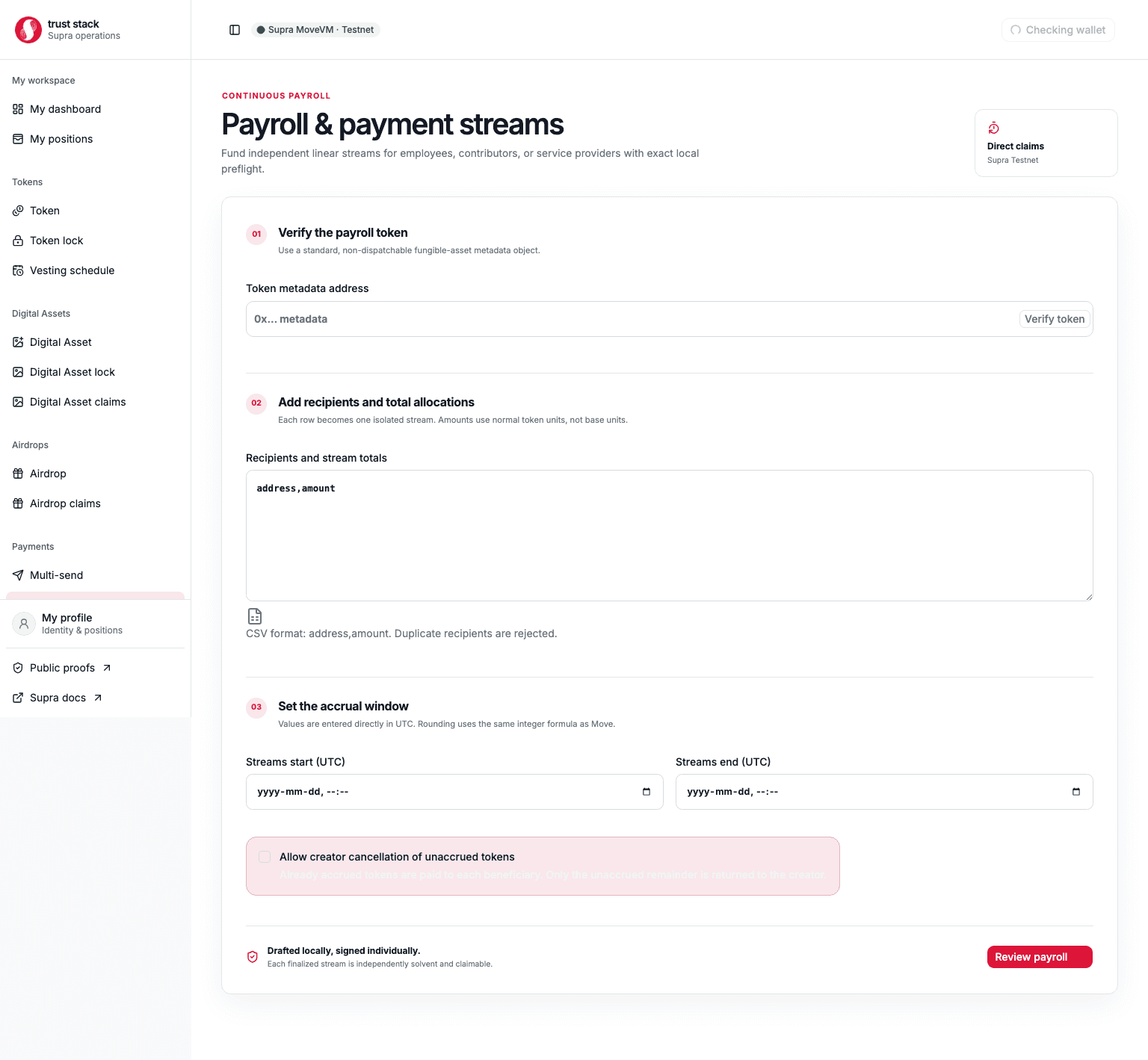 Payment stream creation form with token, recipient, amount, dates, and cancellation policy