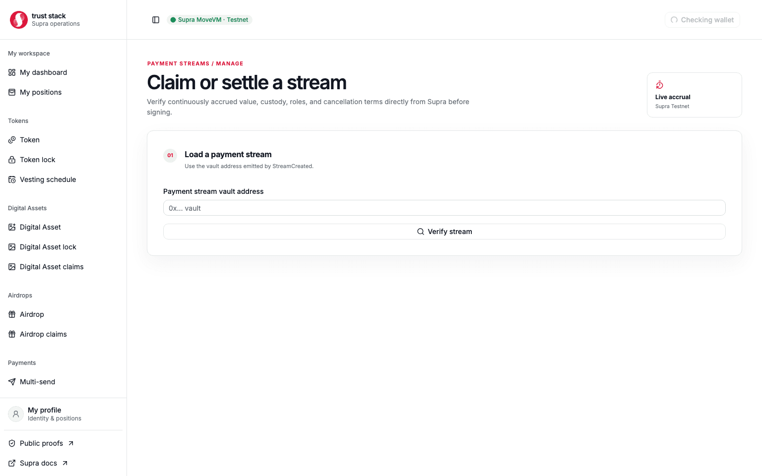 Payment stream management workspace for verifying and claiming a stream