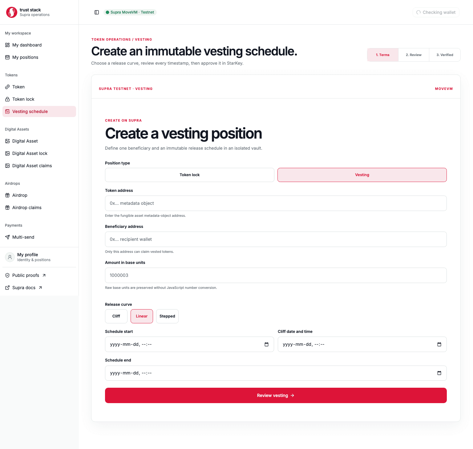 Vesting form with schedule type, token allocation, and beneficiary controls